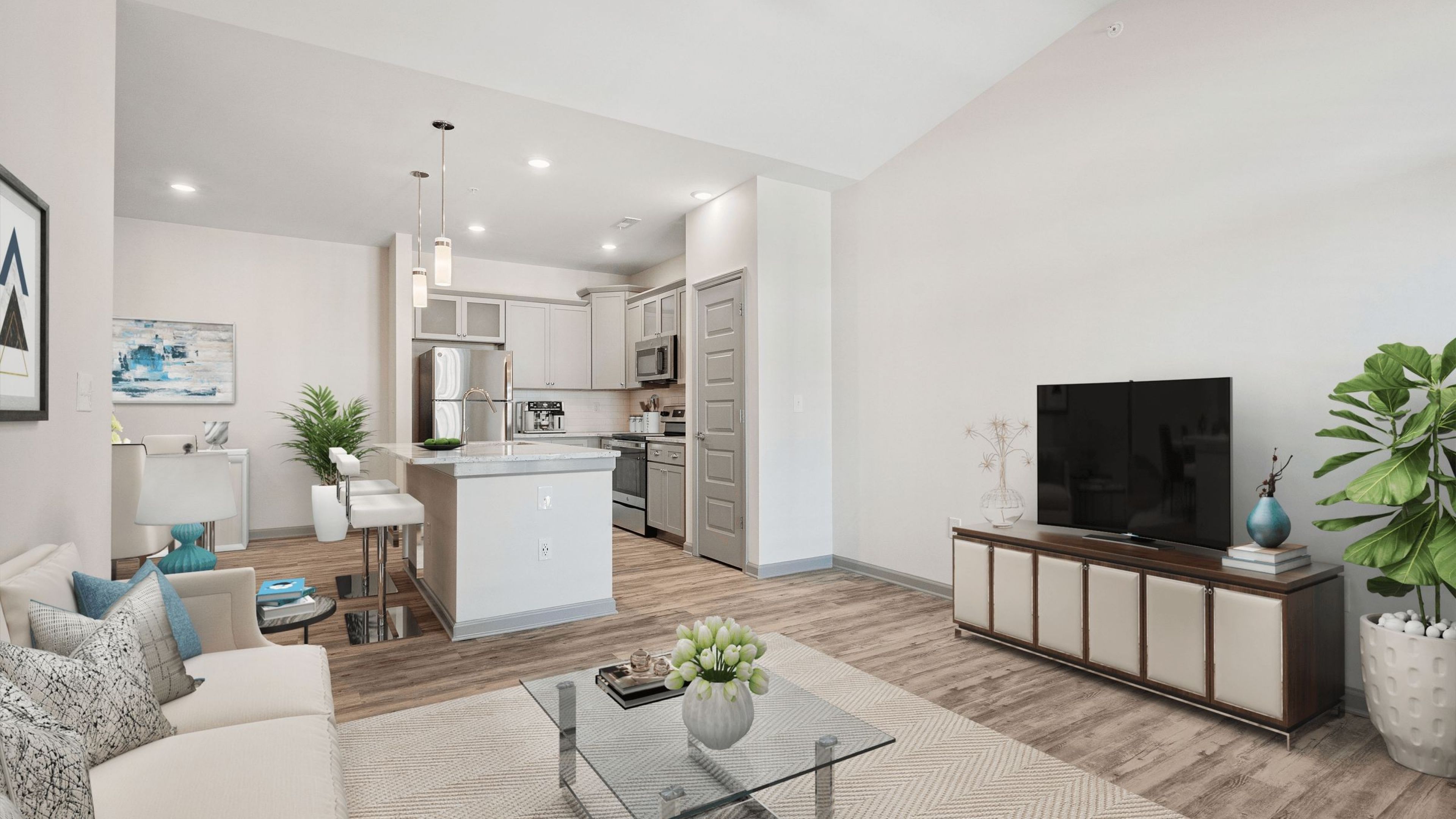 Hawthorne at Westport apartment interior showing living and dining area with large windows